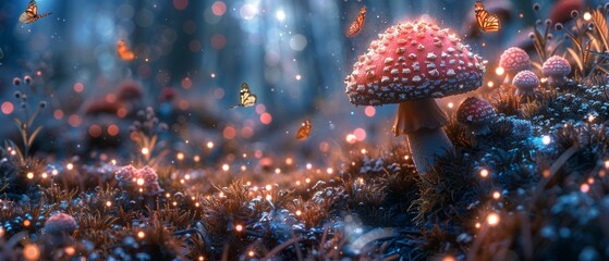 The magical Mushroom Glade in the enchanted fairy tale forest of the elves, fairy tale rose flower garden with butterflies on a mysterious background, the elven magic woods in the darkness of night - obrazy, fototapety, plakaty