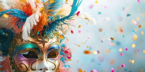 A vibrant carnival mask adorned with colorful feathers and confetti. Perfect for festive and celebration themes