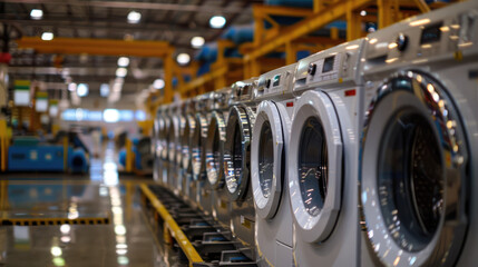 Row of washing machines in a laundromat - obrazy, fototapety, plakaty