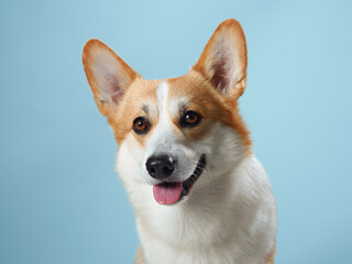 An exuberant Pembroke Welsh Corgi dog with its tongue out against a calming blue backdrop, showcasing the breed friendly and vivacious spirit