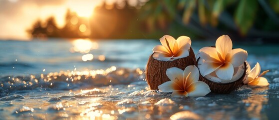 Tropical Caribbean or Hawaiian paradise with coconut fruit and magnolia flower, tropical Caribbean or Hawaiian vacation, summer tourism, beach vacation. - obrazy, fototapety, plakaty