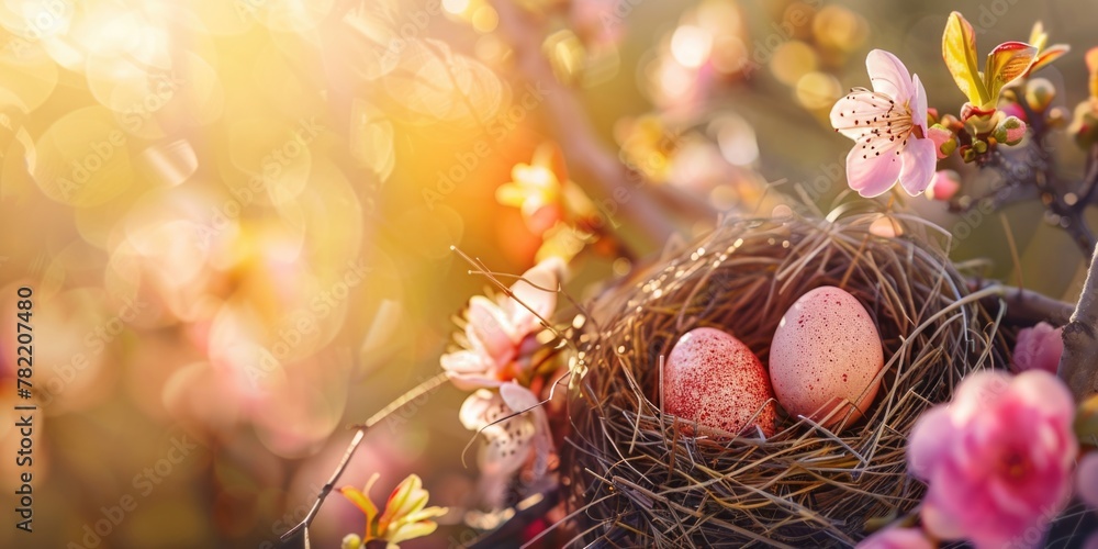 Poster three eggs in a nest on a tree branch, perfect for nature and wildlife themes