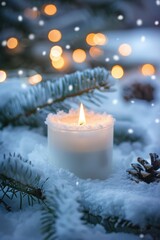 A serene image of a lit candle on snowy ground, perfect for winter-themed designs