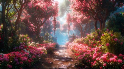 Obraz premium Enchanted Garden, Fantasy Nature Backdrop, Concept Art, Realistic Book Illustration, Video Game Background, Digital Painting, Scenery CG Animation.