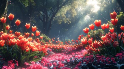 Garden Full of Tulips. The most beautiful and realistic scenes. Nature Backdrop Fantasy Concept Art. Backgrounds for Books, Video Games. Serious digital painting. A CG animation of a landscape. CG - obrazy, fototapety, plakaty