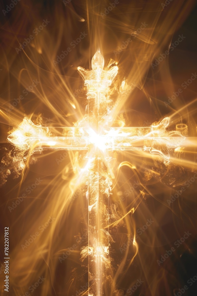 Poster a cross illuminated by a bright light. suitable for religious and spiritual concepts