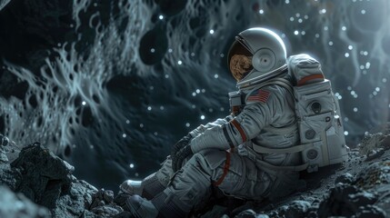 Astronaut in space suit sitting on a rock, suitable for science fiction themes