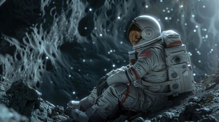 Fototapeta premium Astronaut in space suit sitting on a rock, suitable for science fiction themes