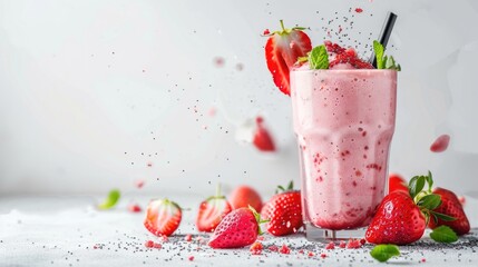 Refreshing pink smoothie with fresh strawberries and mint leaves, perfect for summer drinks