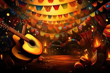 Acoustic guitar, sombreros and maracas with Mexican, Aztec and Mayan ornaments on a dark background. A stringed musical instrument in a flat style. illustration for Cinco de Mayo.