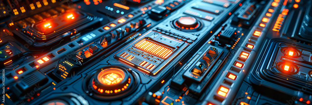 Poster close-up of electronic circuit board, digital processor and components, blue engineering and technol