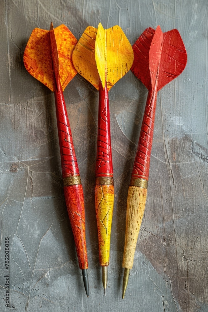 Poster three red and yellow darts sitting next to each other. can be used for sports and competition concep