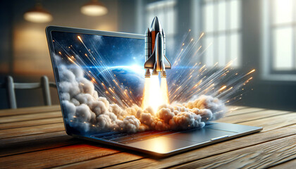 Rocket coming out of laptop, innovation and creativity concept.