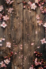 Pink flowers on a rustic wooden background, perfect for spring or nature-themed designs