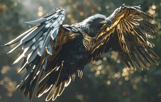 A mechanical eagle with golden feathers, soaring in the sky, has an extremely delicate and complex structure, full of high-tech future elements