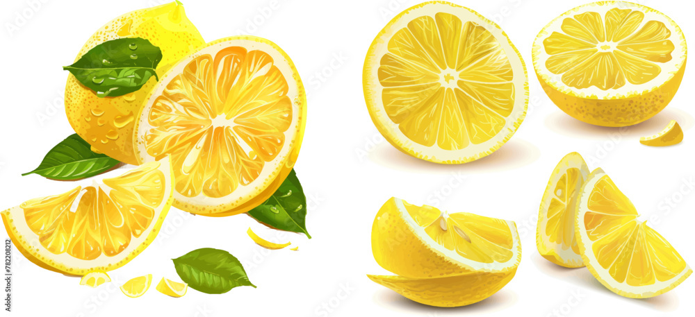 Wall mural Fresh citrus, half sliced lemons and chopped lemon