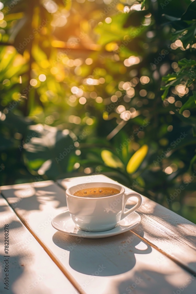 Poster a simple cup of coffee on a rustic wooden table. perfect for cafe menus