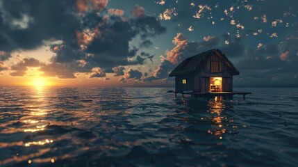 A hut sitting in the middle of a body of water. Can be used for travel or nature concepts - Powered by Adobe