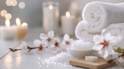Obraz na płótnie Canvas Spa background towel bathroom white luxury concept massage candle bath. Bathroom white wellness spa background towel relax aromatherapy flower accessory zen therapy aroma beauty setting table salt oil