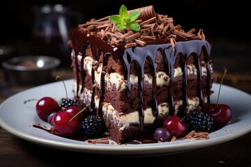 Delicious chocolate cake adorned with succulent berries tempts the taste buds. 
