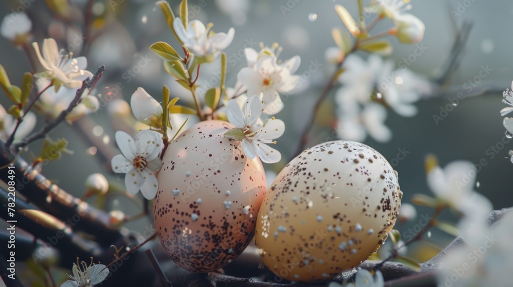 Aufkleber two eggs perched on a tree branch, suitable for nature or easter-themed projects