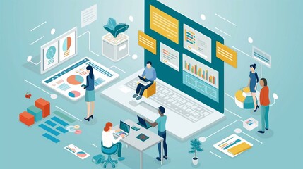 Obraz premium Global communication, business team research and work, vector illustration style design