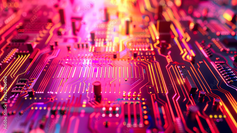 Poster close-up on computer circuitry, detailed view of digital technology and engineering, blue and red el