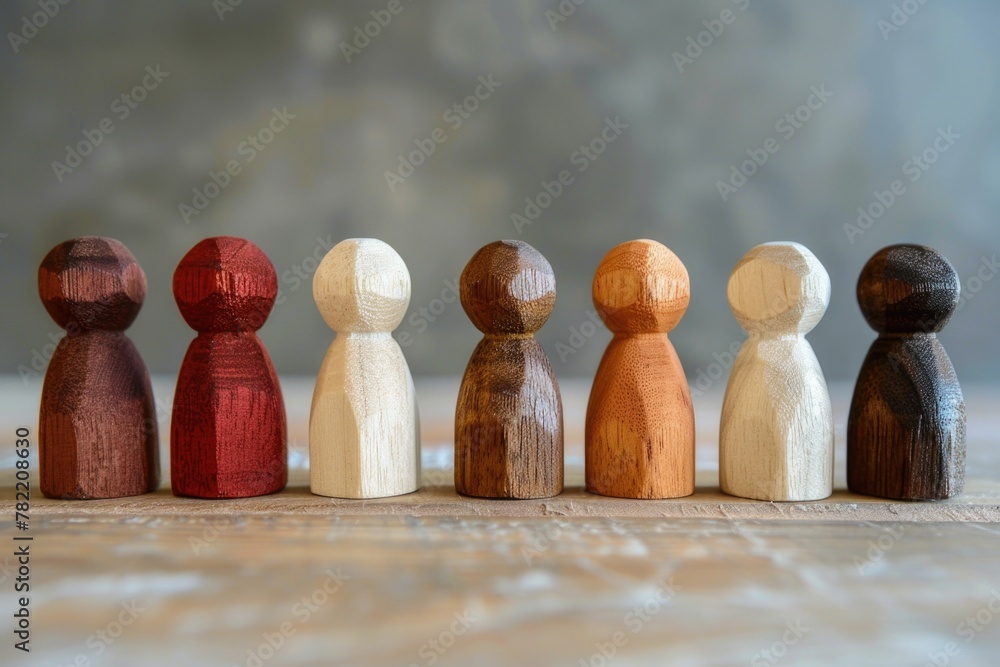 Poster wooden figures of people standing in a row, suitable for business and teamwork concepts