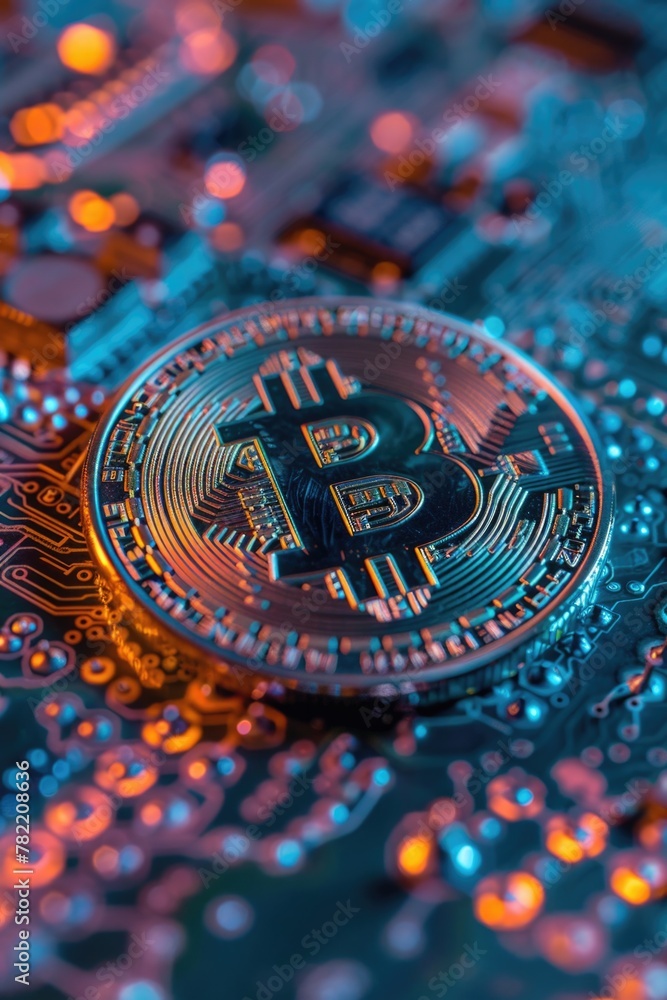 Aufkleber Close up of a bitcoin on a computer motherboard. Suitable for technology and cryptocurrency concepts