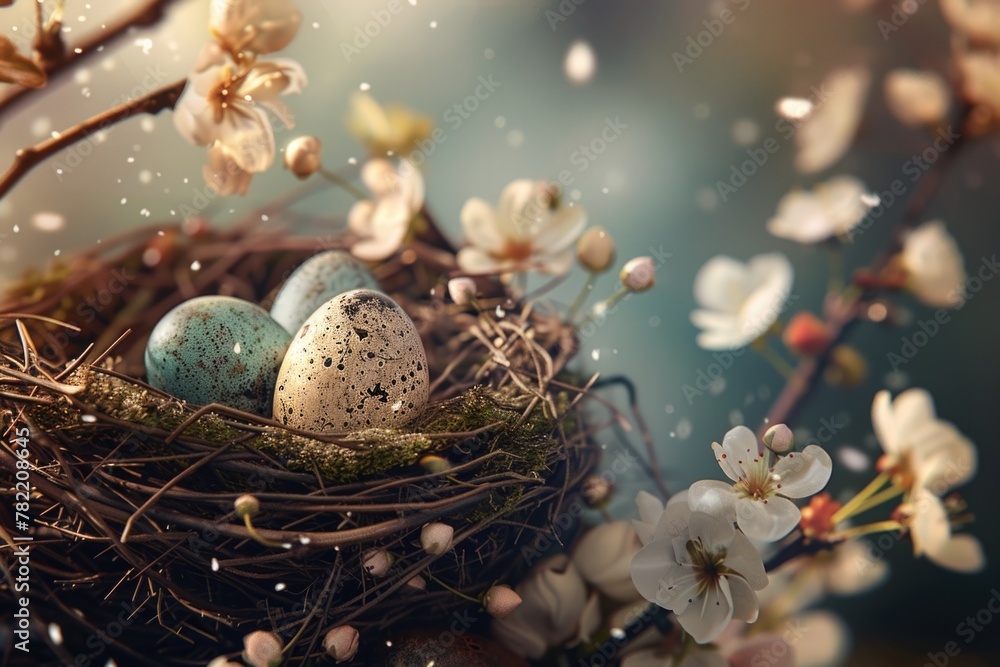 Poster A bird nest with three eggs. Suitable for nature themes