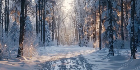 A serene snow covered path in a winter forest. Suitable for winter holiday themes
