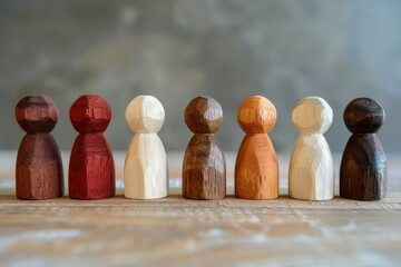 Wooden figures of people standing in a row, suitable for business and teamwork concepts