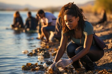 Group of African American women collecting trash on a beautiful beach.
