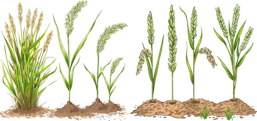 Fototapeta premium Sketch life stages of farm cereal. Hand drawn spikelets in soil