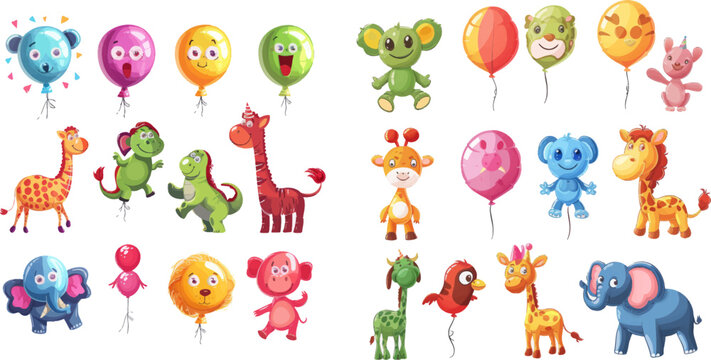 Cartoon octopus, dog and butterfly helium air balloons. Isolated vector illustration icons set