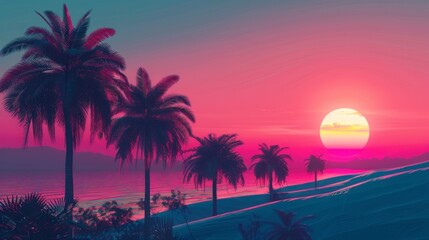 Fototapeta na wymiar beautiful retro neon sunset with palm trees in high resolution and high quality