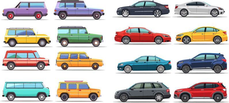 Cheap motor car on wheels, family hybrid sedan passenger cartoon collection vector illustration isolated icon
