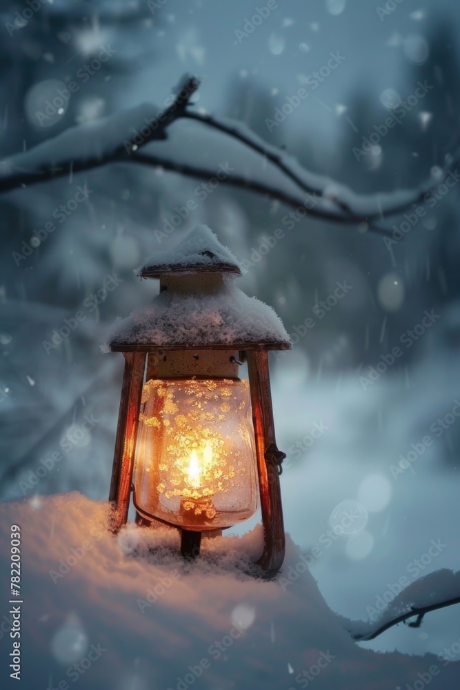 Poster a lantern glowing in the snowy landscape. suitable for winter concepts