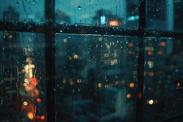 Cityscape seen through a rain-splattered window, suitable for urban themes
