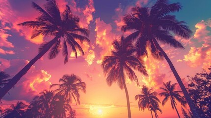Fototapeta na wymiar beautiful retro neon sunset with palm trees in high resolution and high quality HD