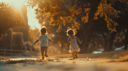 Two young girls running on a dirt road, suitable for outdoor activities concept - obrazy, fototapety, plakaty