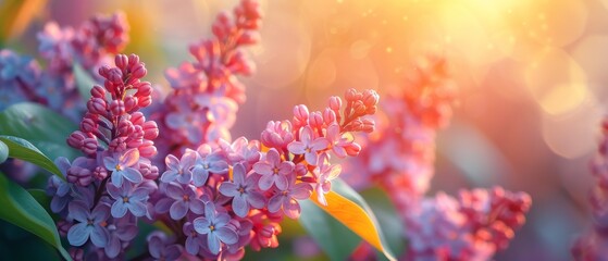 Stunning lilac flower bush blooming in spring in the garden, on a vivid sunny bright background, on a mysterious fairy tale springtime floral scene in a nature park. - obrazy, fototapety, plakaty