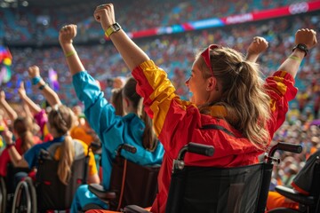 A group of people are sitting in a stadium, all wearing colorful clothing