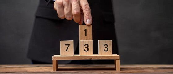 Rank and strategy concept, winners podium, business hierarchy. Businessman's hand chooses number 1...