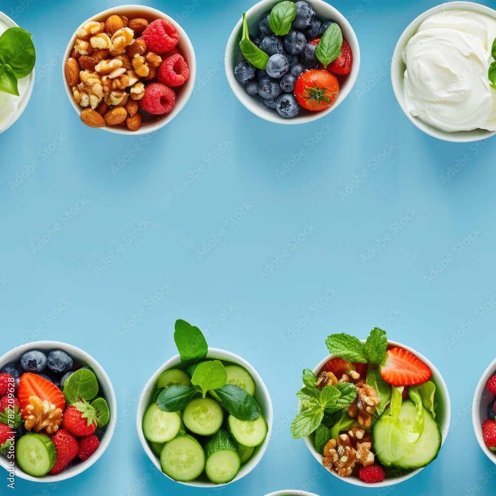 Poster assorted fresh produce in small serving dishes. suitable for healthy eating concepts
