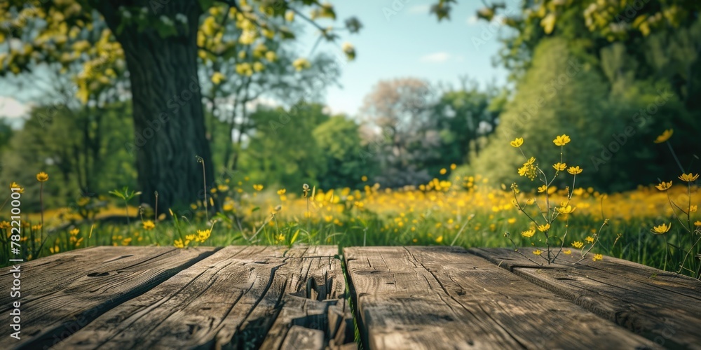 Poster A wooden table placed in an open field, suitable for various outdoor themes