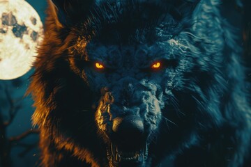 Close up of a wolf with a full moon in the background. Ideal for nature and wildlife themes