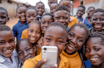a group of smiling african school children taking selfie in the streets, nigerian village