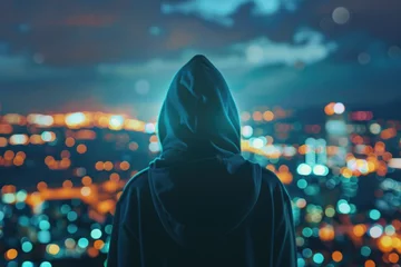 Foto op Plexiglas A person in a hoodie looking out over a city at night. Suitable for urban lifestyle concepts © Fotograf