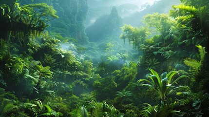 Lush greenery and dense foliage in a misty forest.